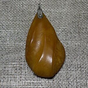 Vintage Baltic Amber Leaf Pendant Hand Carved 1930s 1940s Natural Amber
